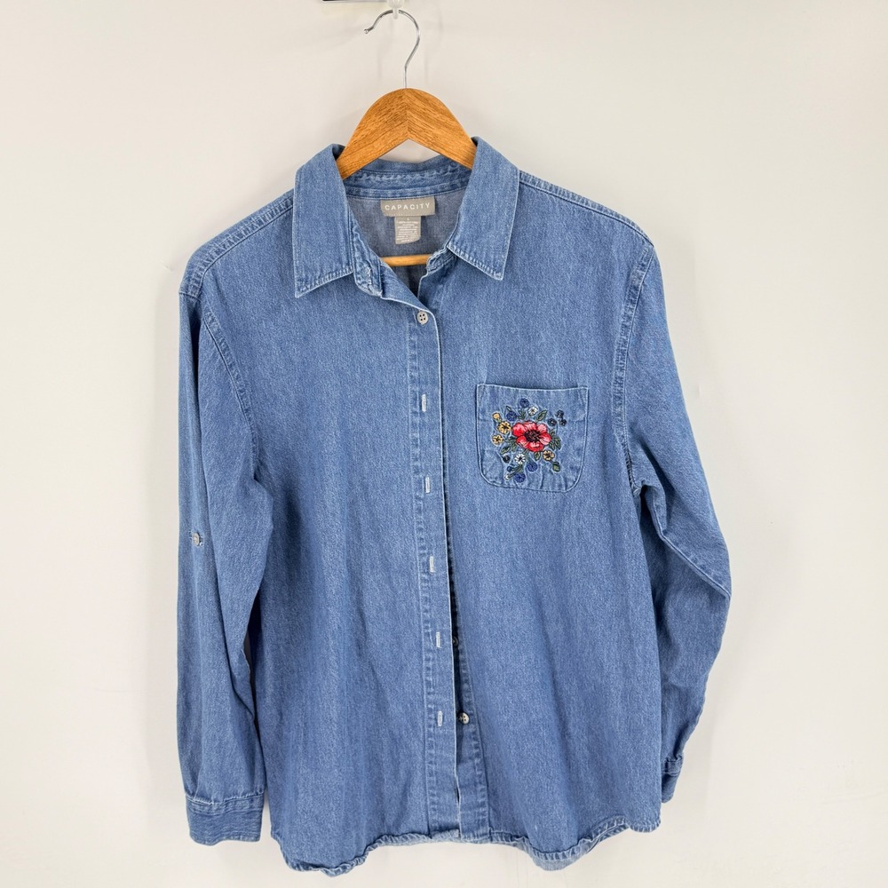Vintage Capacity Chambray Button Down Shirt Floral Embroidered Pocket Size L